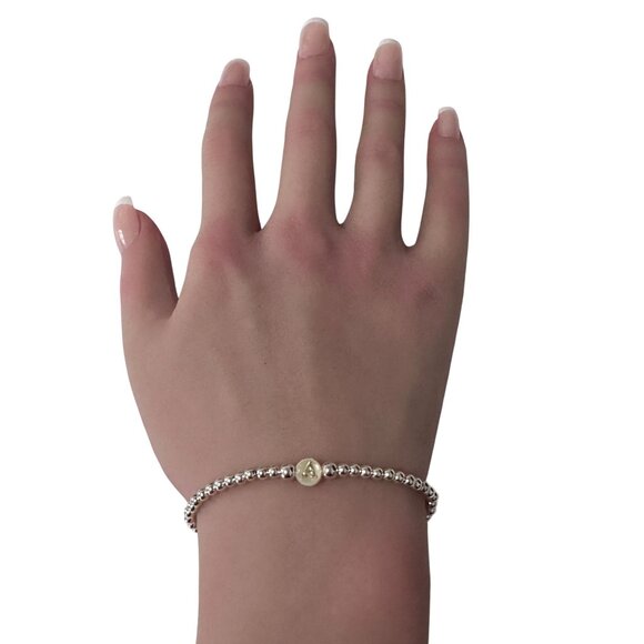 925 Sterling Silver Beaded Stretch Stacking Bracelet MOP Letter Initial A - Picture 3 of 6